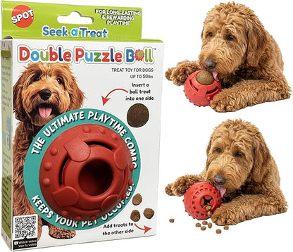 SPOT Seek-A-Treat Double Puzzle Ball Dog Toy, 3.25 in Durable Rubber Treat Dispenser with Dual Openings for Mental Stimulation & Long-Lasting Play, for Dogs up to 50 lbs