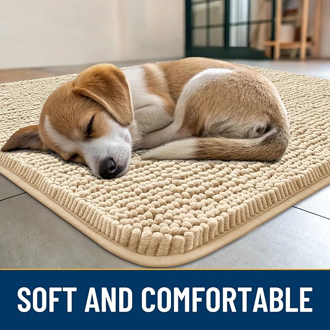 Smiry Dog Door Mat for Muddy Paws 70x24, Absorbs Moisture and Dirt Doormat, Non-Slip Washable Quick Dry Chenille Front Door Mat Indoor Entrance, Entryway Carpet for Inside Floor, Beige