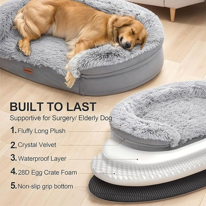 iweepet 3.7 inch Thickened Orthopedic Dog Beds for Large Dogs, Fluffy Supportive Dog Sofa Bed with 28D Egg-Crate Foam, Removable Washable Plush Cover, Waterproof Lining, Cozy Oval Design, Grey