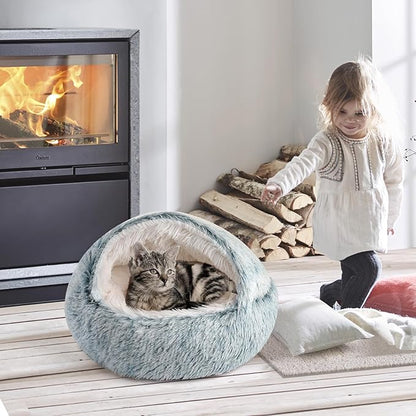 CATISM Cozy Cat Pod - Plush Hooded Cat Bed Cave, Self Warming, Removable Washable with Non-Slip Bottom