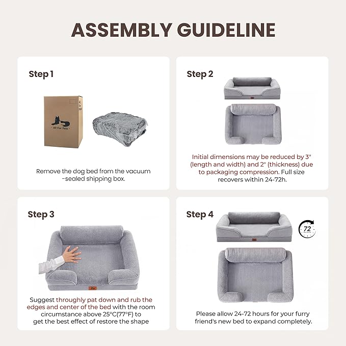 XL Orthopedic Dog Beds for Large Dogs, Waterproof Egg-Crate Foam Pet Couch Bed with Soft Sides, Non-Slip Dog Sofa with Fleece Removable Washable Cover, 42" L Supportive Pet Sofa, Light Grey