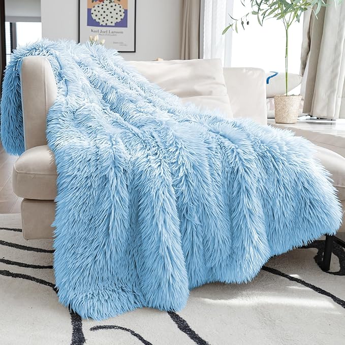 JONIYEAR Extra 2.8" Long Hair Fluffy Faux Fur Throw Blanket 50" x 60", Luxury Soft Decorative Fuzzy Furry Blankets for Couch, Cozy Plush Shaggy Blankets for Sofa Bed, Cute Lovely Blanket for Pet, Blue