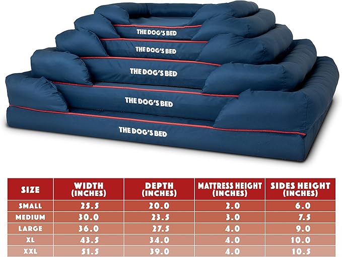The Dog’s Bed Orthopedic Memory Foam Dog Bed with Bolsters for Large Dogs, High Density Support Mattress, Low Front Entry, Removable Washable Cover, Oxford Fabric, Blue with Dark Red Trim, Large