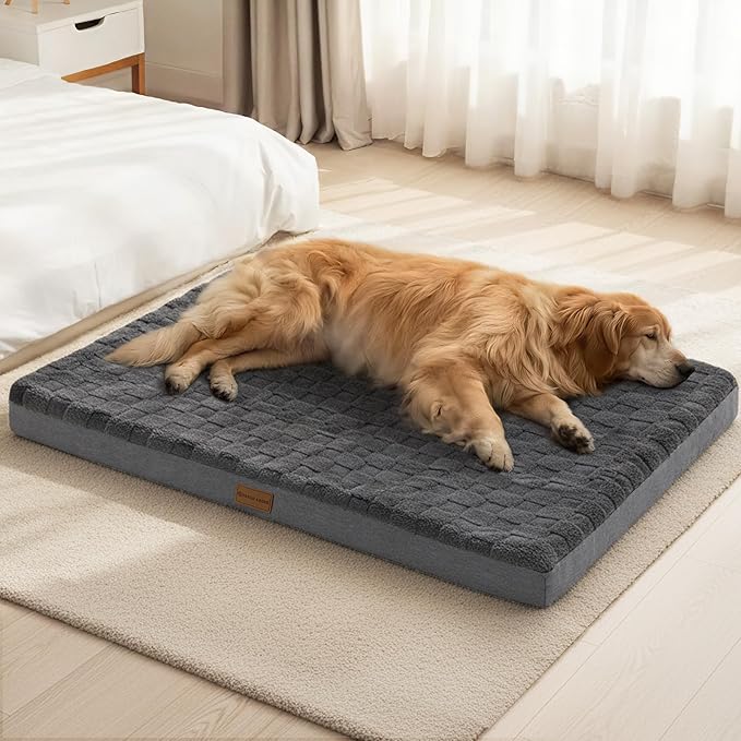 Patas Lague Orthopedic XL Dog Bed Large Sized Dog 42''X28'', Waterproof Soft Comfortable Egg Crate Foam Large Pet Beds Crate Mat with Removable Washable Cover and Nonskid Bottom, Dark Grey