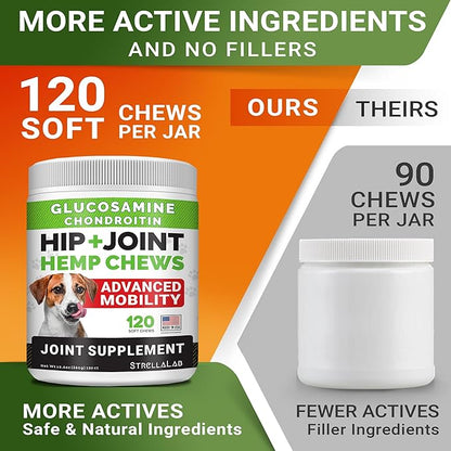 Hemp Chews for Dogs - Hip & Joint Supplement with Glucosamine - Joint Pain Relief Treats - Omega 3, Chondroitin, MSM - Advanced Mobility Support - Chicken Flavor - 120 Ct - Made in USA