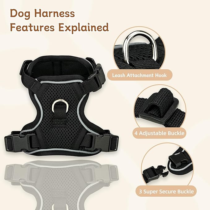 Small Dog Harness and Leash Set, Reflective Soft Breathable Mesh Vest, 3 Buckles, Adjustable Neck and Chest,Step in Dog Harness for Walking, Running, Training, Black, S