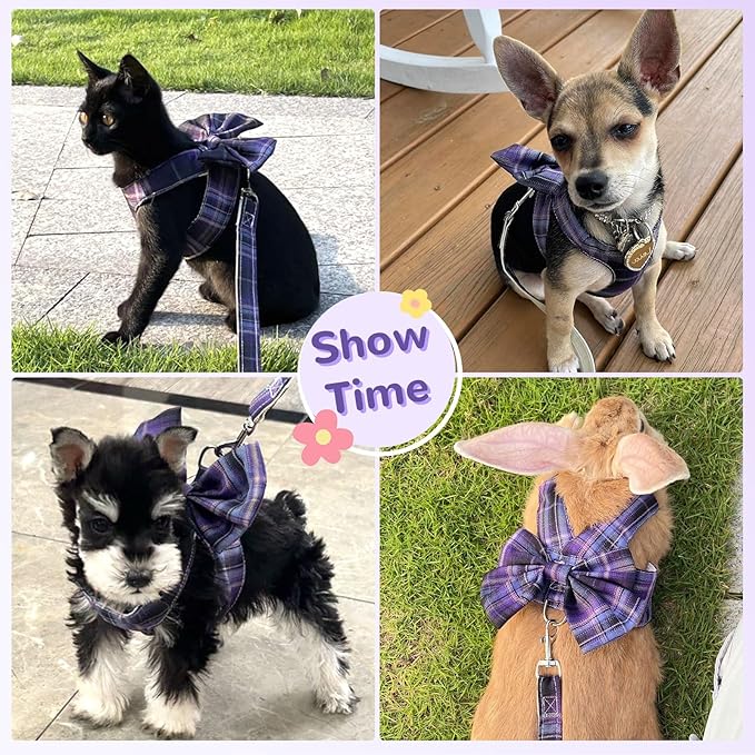 Cute Dog Harness and Leash Set with Bow Tie Soft Mesh Plaid Girl Puppy Harness No Pull Pet Cat Dog Vest Harness for Small Dogs Chihuahua Rabbit Outfit (Purple,S)