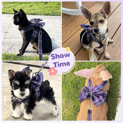 Cute Dog Harness and Leash Set with Bow Tie Soft Mesh Plaid Girl Puppy Harness No Pull Pet Cat Dog Vest Harness for Small Dogs Chihuahua Rabbit Outfit (Purple,S)