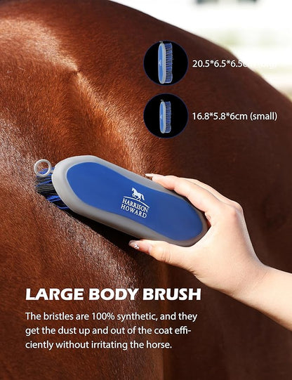 Harrison Howard Horse Grooming Kit 9 Piece with Tote, Non-Slip Silicone Grip Brush Set for Horses, Shedding Bathing Daily Care, Beginner Friendly Deep Blue