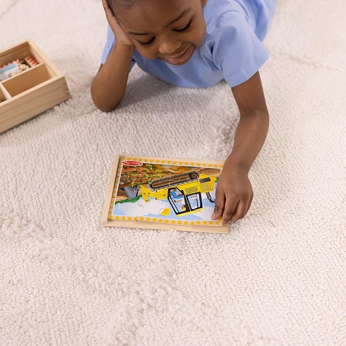 Melissa & Doug 4‑in‑1 Wooden Construction Vehicles Jigsaw Puzzle Set, 48 Pieces with Storage Box, Toddler Puzzle Toy for Kids Ages 3+ - FSC Certified