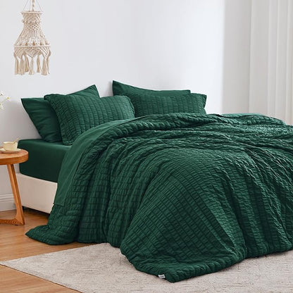 Love's cabin Seersucker Dark Green Twin Comforter Set, 5-Piece All Season Lightweight Bed in a Bag Bedding Set with Comforter, Flat Sheet, Fitted Sheet, Pillowcase and Sham | Soft, Breathable, Lightweight