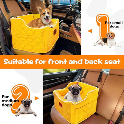 Dog Car Seat for Small Medium Dogs, Detachable Washable Dogs Booster Seat Under 35lbs, Elevated Dog Car Bed with Storage Pockets (Yellow, One Size)