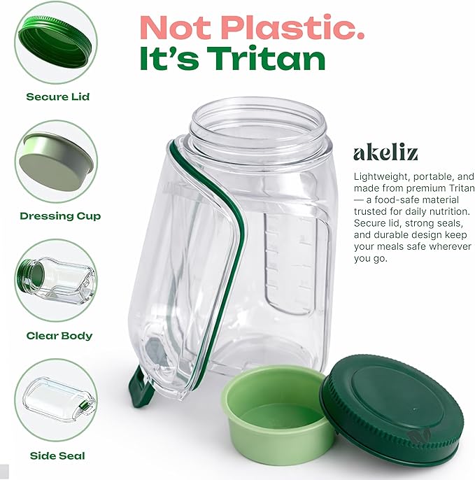 Salad Jar With Side Opening with Leakproof Dressing Compartment, Portable Container, Home, Office, Travel, Outdoor Salad Container for Lunch