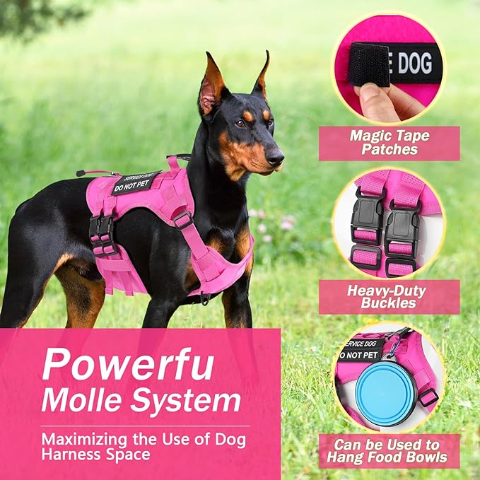No Pull Tactical Dog Harness for Large Dogs, Escape Proof Molle Dog Vest Harness and Leash Set, Adjustable Military Service Dog Harness with Handle for Medium Large Dogs (Pink, M)
