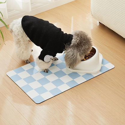 Ralxion Checkered Dog Feeding Mat, Absorbent Mats for Dog Food and Water Bowl, Dispenser, Retro Aesthetic Light Blue Checkerboard Pet Placemat for Dogs, Cats, Puppy Accessories, 16" X 24”