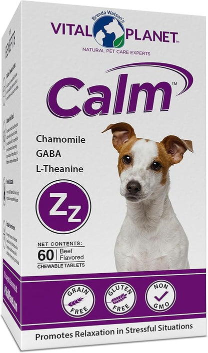 Vital Planet - Calm Chewable Tablets for Dogs, Promotes Calmness in Stressful Situations with Valerian, Lemon Balm, Chamomile, GABA, L-Theanine and Natural Herbs - 60 Beef Flavored Chewable Tablets