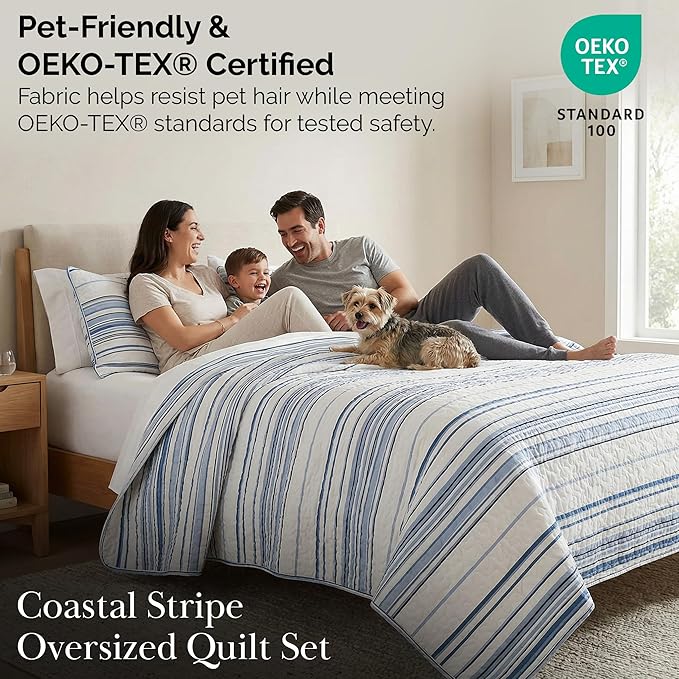 Southshore Fine Living, Inc. Oversized King Quilt Set, All Season Striped Blue Bedspread Set, 3-Piece Coastal Bedding, California/King Coverlet Sets with Shams, Soft Microfiber Quilt, Blue Stripes