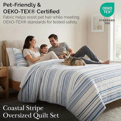 Southshore Fine Living, Inc. Oversized King Quilt Set, All Season Striped Blue Bedspread Set, 3-Piece Coastal Bedding, California/King Coverlet Sets with Shams, Soft Microfiber Quilt, Blue Stripes