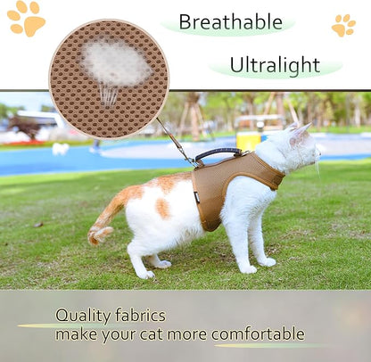 Kitty Harness and Leash for Walking Escape Proof Breathable Mesh Fabric, Solid Brown, Small, Adjustable Cat Walking Jackets with Handle, Padded Stylish Cat Vest