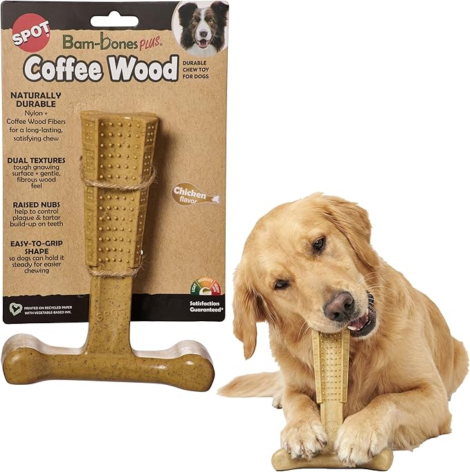 SPOT Bam-Bones Plus Coffee Wood T-Bone Dog Chew Toy, Chicken Flavor, Nylon and Coffee Wood Fiber Blend, Durable Chew for Heavy Chewers and Dogs Under 90 lbs, Non-Splintering Dental Chew, 7 Inch