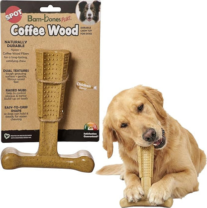 SPOT Bam-Bones Plus Coffee Wood T-Bone Dog Chew Toy, Chicken Flavor, Nylon and Coffee Wood Fiber Blend, Durable Chew for Heavy Chewers and Dogs Under 90 lbs, Non-Splintering Dental Chew, 7 Inch