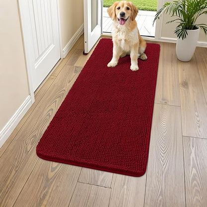 Smiry Dog Door Mat for Muddy Paws 47x24, Absorbs Moisture and Dirt Doormat, Non-Slip Washable Quick Dry Chenille Front Door Mat Indoor Entrance, Entryway Carpet for Inside Floor, Red