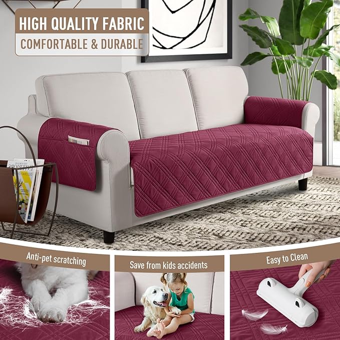TAOCOCO Waterproof Couch Covers for Pets Dogs with Non Slip Backing, Sofa Seat Covers with Side Pocket for 3 Cushion Couch Washable Dog Couch Cover Protector Sofa Slipcovers(Sofa, Wine)