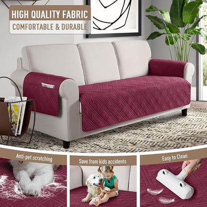 TAOCOCO Waterproof Couch Covers for Pets Dogs with Non Slip Backing, Sofa Seat Covers with Side Pocket for 3 Cushion Couch Washable Dog Couch Cover Protector Sofa Slipcovers(Sofa, Wine)