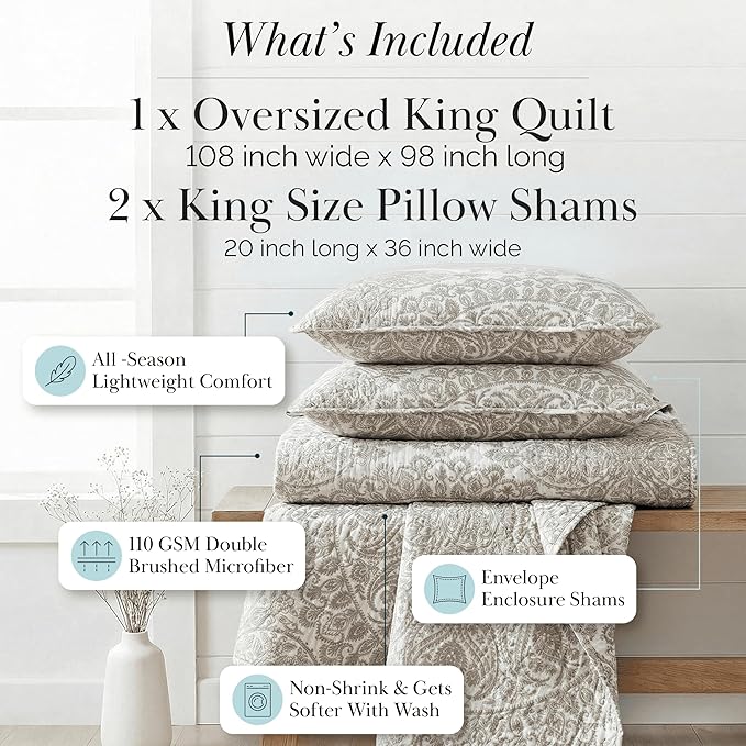 Southshore Fine Living, Inc. Ashanti Collection Oversized King Quilt Bedding Set, Soft Fabric, Lightweight Bedspread 3-Piece, Two Matching Shams (108 in Wide x 98 in Long), Cal/King Quilt Sets, Bone