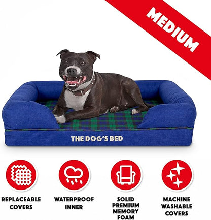The Dog’s Bed Orthopedic Memory Foam Dog Bed with Bolsters for Medium Dogs, High Density Support Mattress, Low Front Entry, Removable Washable Cover, Oxford Fabric, Black Watch Tartan, Medium
