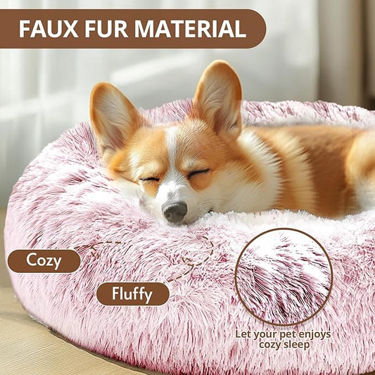 JOLLYVOGUE Calming Dog Bed for Small Dogs - 23 inches Donut Washable Small Dog Bed for Kittens & Puppies, Anti-Slip Round Fluffy Plush Faux Fur Cat Beds (Fits up to 25 lbs Pets, Smoke Pink)