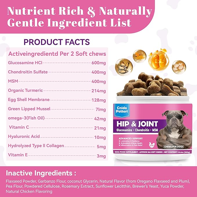 Glucosamine for Dogs Hip and Joint Support Supplement Chews, Chondroitin Joint Care for Dogs, Pain and Inflammation Relief with MSM, Turmeric, Vitamin C, Omega 3 -Chicken Flavor,for All Breeds-150 Ct