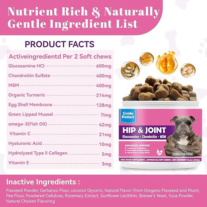Glucosamine for Dogs Hip and Joint Support Supplement Chews, Chondroitin Joint Care for Dogs, Pain and Inflammation Relief with MSM, Turmeric, Vitamin C, Omega 3 -Chicken Flavor,for All Breeds-150 Ct