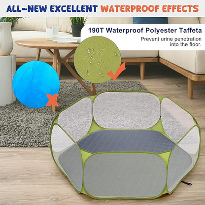 Pawaboo Small Animals Playpen with Pad, Waterproof Small Pet Cage Tent with Reusable Pad, Portable Outdoor Yard Fence for Chick/Kitten/Puppy/Guinea Pig/Rabbits/Chinchillas, Green + Grey