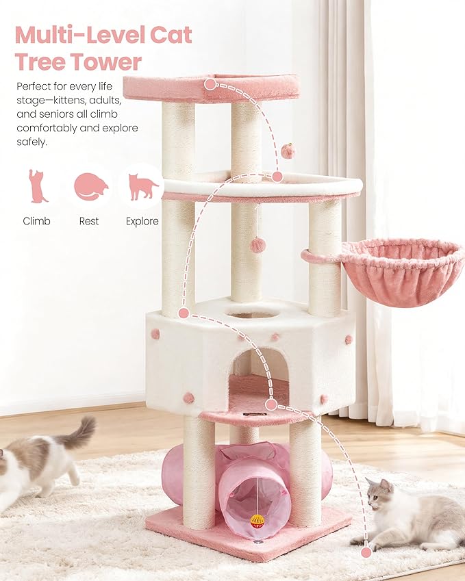 Cat Tree Tower for Large Cats Adult - 60 Inch XXL Sturdy Heavy Duty Extra Wide Scratching Posts (φ4.4in) Condo - Indoor Big Cat House Hammock Perch - XL Wood Multi Level Feline Pet Bed Trees Houses