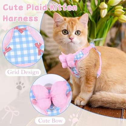 Cat Vest Harness and Leash Set for Walking Escape Proof, Adjustable Kitten Harness and Leash Set Breathable Mesh with Bow Harness for Kitty Puppy Bunny（Pink Medium）