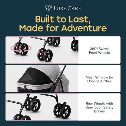 4 Wheel Foldable Pet Stroller - Lightweight Dogs and Cats Stroller Upto 44lbs with Mesh Canopy, Storage Basket and Cup Holder, Durable for Walks and Outings (Small)