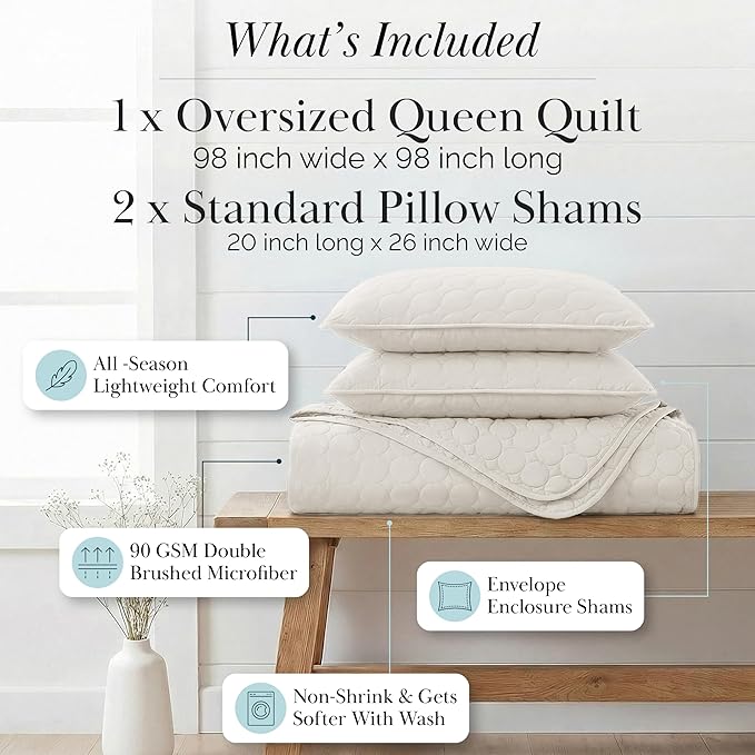 Southshore Fine Living, Inc. Quilted Summer Comforter, Queen Size Bedding Set with 2 Quilted Pillow Shams, Geometric Circle Design Coverlet, Queen/Full Size Bedspread, Lightweight Quilt, Bone