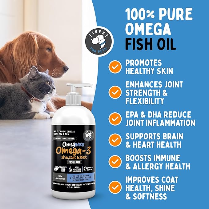 100% Pure Fish Oil for Dogs & Cats (1,545mg Omega 3 per Teaspoon) 32oz. Loaded with EPA & DHA for Joints, Skin & Coat, Itching, Heart & Immune Health. Stronger Than Salmon Oil. Unflavored Omegease.