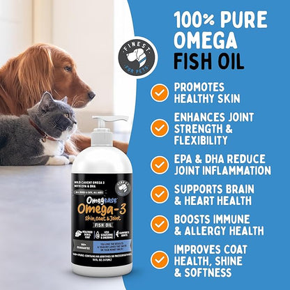 100% Pure Fish Oil for Dogs & Cats (1,545mg Omega 3 per Teaspoon) 16oz. Loaded with EPA & DHA for Joints, Skin & Coat, Itching, Heart & Immune Health. Stronger Than Salmon Oil. Unflavored Omegease.