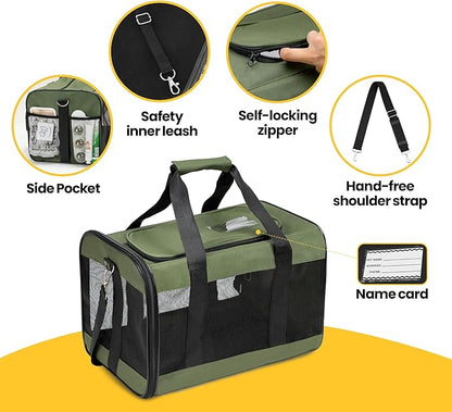 Conlun Cat Carrier Airline Approved, Soft-Sided Dog Carrier with Inner Safety Leash, Pet Transport Carrier for Small-Medium Cats Puppies up to 15 Lbs, Collapsible Travel Kitten Carrier Bag -Green M