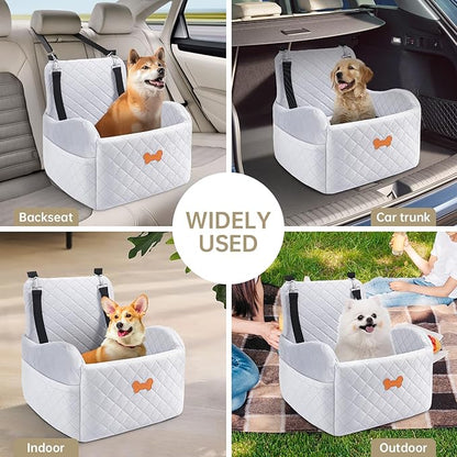 Dog Car Seat for Small Dogs, Dog Booster Seat Filling in Thick Memory Foam with 2 Safety Leashes and Storage Pocket, Suitable for Pet Under 30lb or 2 Puppies (Gray)