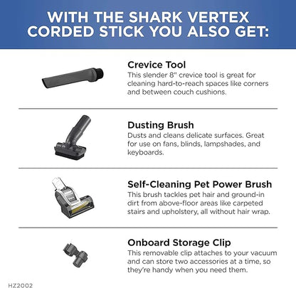 Shark | Corded Stick Vacuum Cleaner | Vertex Ultralight | Removable Handheld Vacuum | Pet Hair Vacuum for Carpet and Hard Floor | Powerful Suction | No Hair Wrap | 3 Attachments Included | HZ2002