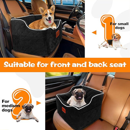 Dog Car Seat for Small Medium Dogs, Detachable Washable Dogs Booster Seat Under 35lbs, Elevated Dog Car Bed with Storage Pockets (Black, One Size)