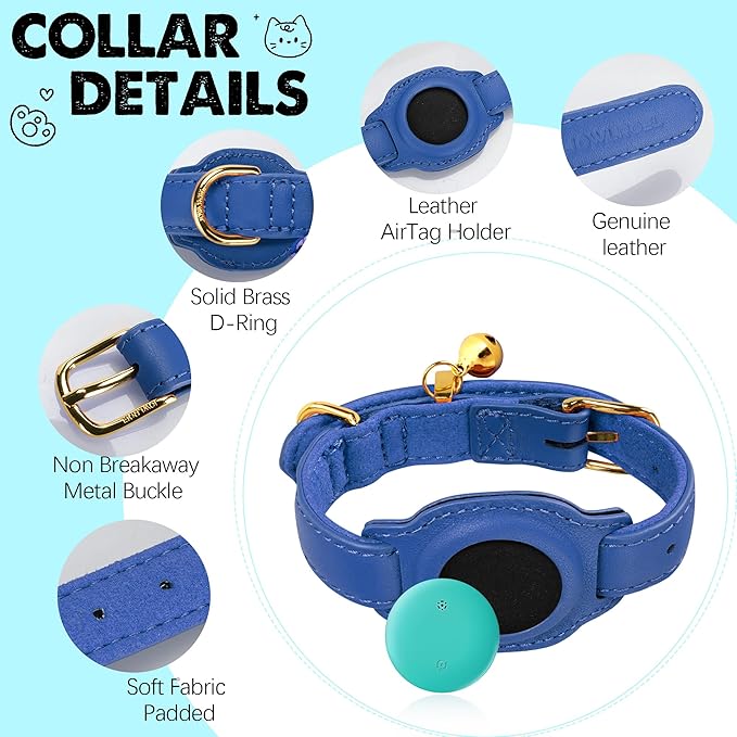 Cat Tracker, GPS Pet Tracker for Cats (Only iOS), Leather Cat Collar with Tracker, Works with Any Collar, No Monthly Fee, Compatible with Apple Find My App not for Android (Blue)