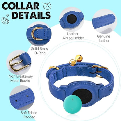 Cat Tracker, GPS Pet Tracker for Cats (Only iOS), Leather Cat Collar with Tracker, Works with Any Collar, No Monthly Fee, Compatible with Apple Find My App not for Android (Blue)