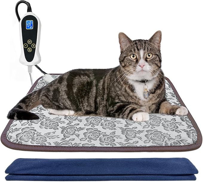 Cat Heating Pad, (18×18 in) Pet Heating Pad for Cats Puppy Heated Dogs Blanket with Timer(1-24H),Waterproof Heated Cat Blanket with Chew Resistant Steel Cord