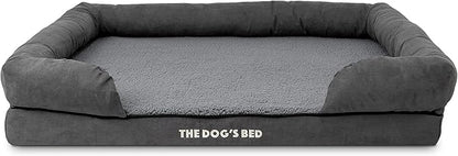 The Dog’s Bed Orthopedic Memory Foam Dog Bed with Bolsters for XL Dogs, High Density Support Mattress, Low Front Entry, Removable Washable Cover, Plush Fabric, Grey Plush, XL