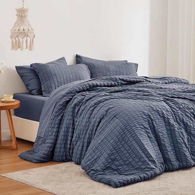 Love's cabin Seersucker Navy Blue Twin Comforter Set, 5-Piece All Season Lightweight Bed in a Bag Bedding Set with Comforter, Flat Sheet, Fitted Sheet, Pillowcase and Sham | Soft, Breathable, Lightweight