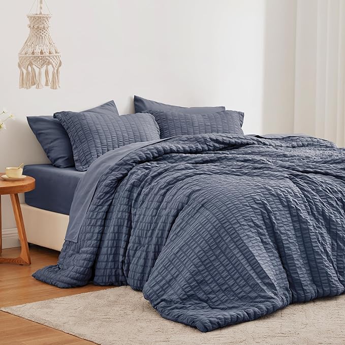 Love's cabin Seersucker Navy Blue Full Comforter Set, 7-Piece All Season Lightweight Bed in a Bag Bedding Set with Comforter, Flat Sheet, Fitted Sheet, Pillowcases and Shams | Soft, Breathable, Lightweight